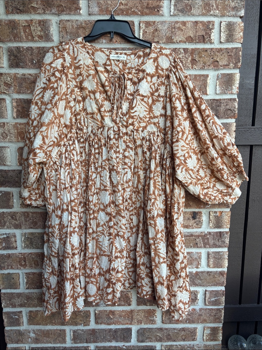 Natural life Bohemian Floral Puff-Sleeve mini Dress in Tan & Cream